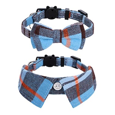 Faleela 2 PackSet Cat Collar with Cute Bow Tie and BellBreakaway Plaid Shirt Collar for Kitty Adjustable Safety