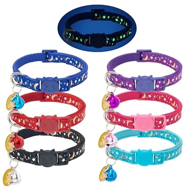 KOOLTAIL Glow in The Dark Cat Collar Breakaway with Bells6 Pack Moonlight Cute Kitten Collars Personalized Reflective Safety Buckle StarsMoon Charm Pet Collars for Kitty Boys Girls Pink Purple