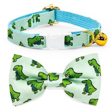 CSSPET Sage Dinosaur Cat Collar Bow Tie with Bell Breakaway Safety Cat Collar WeddingBirthday Cat Accessories