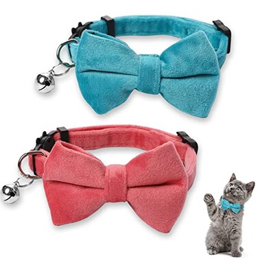 Sliverdew 2 Pcs Velvet Cat Bow Tie Collar Breakaway Cat Collar with Bell Adjustable Bowtie Kitten Small Puppy Safety Collar Solid Color Set Pet Bow Tie Collar Pink Blue