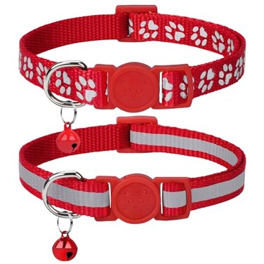 Taglory Reflective Cat Collar Breakaway with Bell High Visibility Night Strip Lightweight Adjustable Nylon Collar for Boy Girl Cats 2 Pack 75125 Inch Red