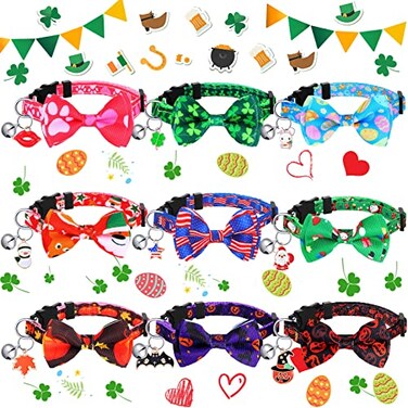 Sadnyy 9 Pcs Easter Cat Collars Holiday Breakaway Cat Collars Bulk with Bow Tie and Bells Adjustable Valentines Day Holiday St Patricks Day Necklace for KittenS