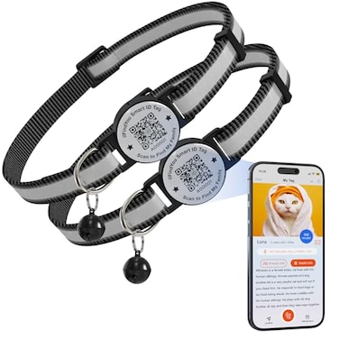 ilFindYou 2 Pack Breakaway Cat Collar with Safety Bell Reflective Strips QR Code ID Tag Name Plate Adjustable for Kittens Black