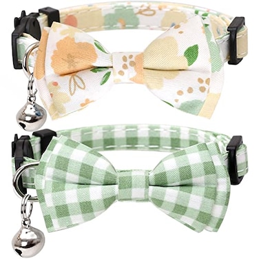 Lamphyface 2 PackSet Cat Collar Breakaway with Cute Bow Tie and Bell Plaid Flower for Kitty Adjustable Safety