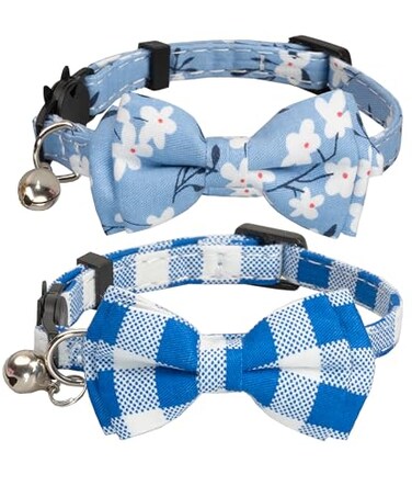 Gyapet Cat Collar with Bow Tie Bell Breakaway Bowtie 2pcs Set Spring Plaid Flower Floral Solid Boy Girl Cute Kitten Safety A Blue Flower Plaid