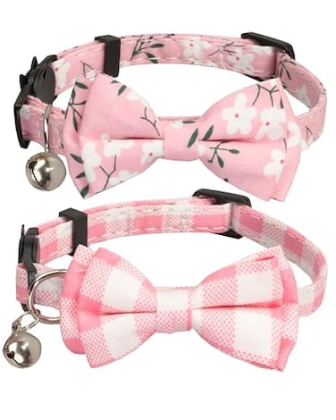 Gyapet Cat Collar with Bow Tie Bell Breakaway Bowtie 2pcs Set Spring Plaid Flower Floral Solid Boy Girl Cute Kitten Safety A Pink Flower Plaid