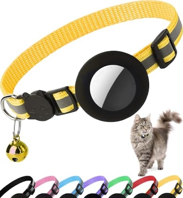 Dgerp Airtag Cat Collar Breakaway Reflective Kitten Collar with Apple Air Tag Holder and Bell for Girl Boy Cats 04 Inches in Width and LightweightYellow