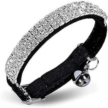 CHUKCHI Soft Velvet Safe Cat Adjustable Collar Bling Diamante with Bells11 inch for Small Dogs and Cats Black