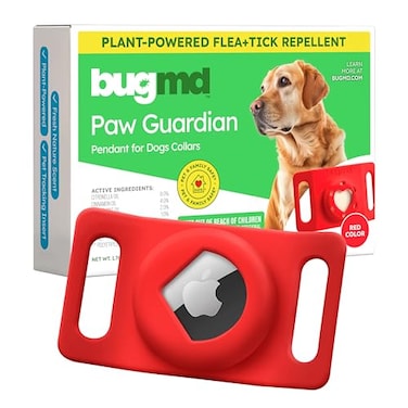 BugMD Paw Guardian Flea and Tick Prevention Pendant for Dogs with AirTag Holder PlantPowered Flea Tick Control for Dog Collars Harnesses Dog Tag with Air Tag Holder Red