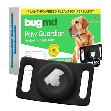 BugMD Paw Guardian Flea and Tick Prevention Pendant for Dogs with AirTag Holder PlantPowered Flea Tick Control for Dog Collars Harnesses Dog Tag with Air Tag Holder Black
