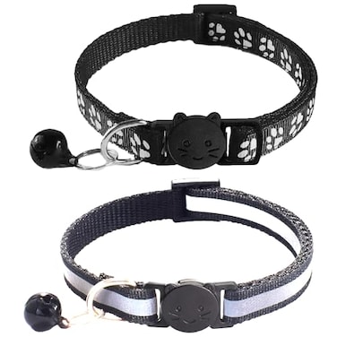zulinlong 2 Pack Breakaway Cat Collars with Bells Reflective Design and Claw Print Design Safety Buckle Kitten Collars Adjustable from 75 to 125 Inches Black