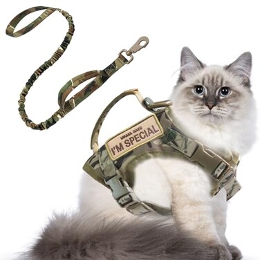 AIWAI Tactical Cat Harness for Walking Escape Proof Adjustable Pet Vest Harness Soft Mesh with Control Handle for Large Cat Small Dog Gift with Patch Camouflage cat Harness and Leash Set