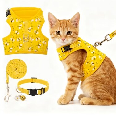 BINGPET Cat Harness with Leash and Collar for Walking Escape Proof with 59 Inches Leash Adjustable Soft Vest Harnesses for Medium Large Cats Bee