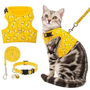 BINGPET Cat Harness with Leash and Collar for Walking Escape Proof with 59 Inches Leash Adjustable Soft Vest Harnesses for Medium Large Cats Bee