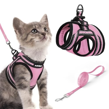 rabbitgoo Cat Harness and Leash Set for Walking Escape Proof Adjustable Soft Kittens Vest with Reflective Strip for Cats Comfortable Outdoor Vest Pink S