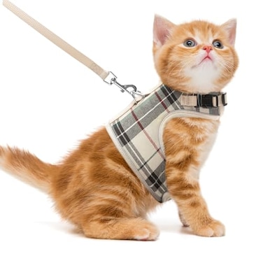 PUPTECK Soft Mesh Cat Vest Harness and Leash Set Puppy Padded Pet Harnesses Escape Proof for Cats Small Dogs Rabbits Bunny Plaid Beige M
