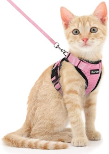 Dooradar Cat Harness and Leash Set Escape Proof Safe Adjustable Kitten Vest Harnesses for Walking Easy Control Soft Breathable Mesh Jacket with Reflective Strips for Cats Pink S