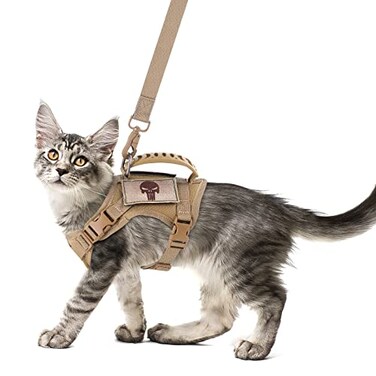 SALFSE Tactical Cat Harness and Leash Set for Walking Escape Proof Adjustable Large Cat Vest Harness with Molle Patches Soft Mesh Padding Rubber Handle Easy to Control Khaki