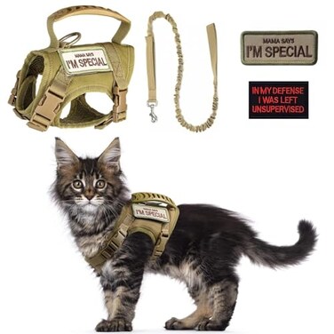 SEZDEKI Tactical Cat Harness and Leash Set for Walking Escape Proof Adjustable Large Cat Vest Harness with Patches Soft Mesh Padding Rubber Handle Easy to Control Khaki Harness Leash