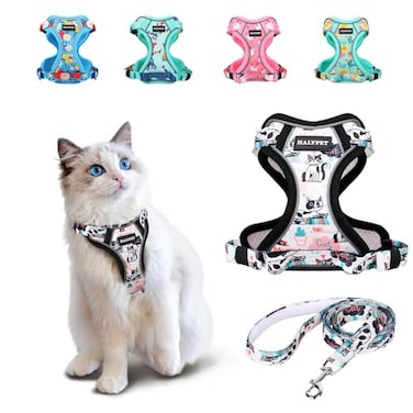 Halypet Cat Harness and Leash SetMAX Safety 4thGen Cute Escape Proof Vest Harness for GirlBoy Cat Walking Comfortable Adjustable Leash and Reflective Strips for Outdoor Kitten S Inky Meowy