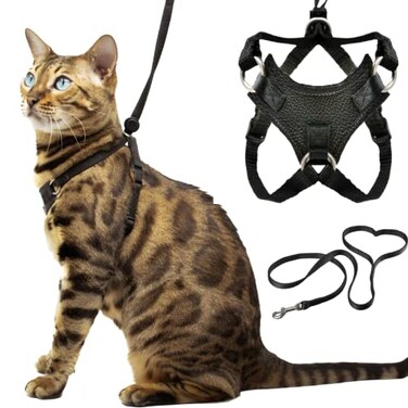 OutdoorBengal Houdini Escape Proof Cat Harness and Leash Set by for Walking Cats and Kittens Vegan Leather Large Cat