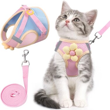 NCMAMA Cat Harness and Leash Set for Walking Escape Proof Adjustable Kitten Harness Breathable Mesh with Reflective Strips Harness with Flower for Kitty Puppy Bunny