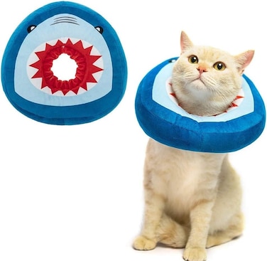EXPAWLORER Cat Cone Collar Soft Cat Recovery E Collar After Surgery to Stop Licking Adjustable Waterproof Neck Elizabethan Pet Kitten Puppy Donut Pillow for Cats Wound Healing Blue Shark