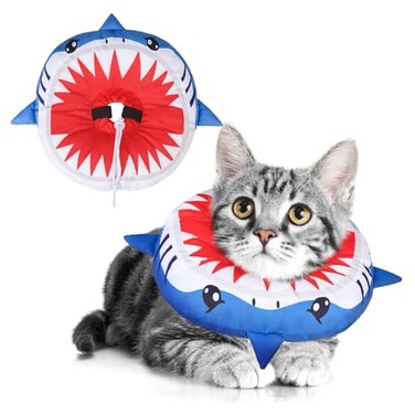 BEAUTYZOO Cat Cone Collars Soft Cat Recovery E Collars After Surgery to Stop Licking Adjustable Elizabeth Circle Collar Cute Pet Donut Pillow for Cats Kitten Small Dogs Cute Shark S