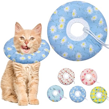 Seyezo Cat Cone Collar Soft Adjustable Cat Recovery Collar Kitten Cones to Stop Licking Cute Donut E Collar After Surgery AntiLick Recovery Elizabethan Collar for Kitten Blue Daisy Small