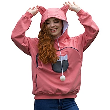 ALYC Pet Carrier Hoodie Cat Dog Pouch Holder Sweatshirt Large Pocket Pullover Shirt with Cat Ear for Women Pink Small