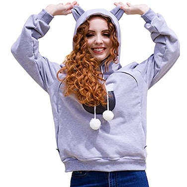 ALYC Pet Carrier Hoodie Cat Dog Pouch Holder Sweatshirt Large Pocket Pullover Shirt with Cat Ear for Women Light grey Small