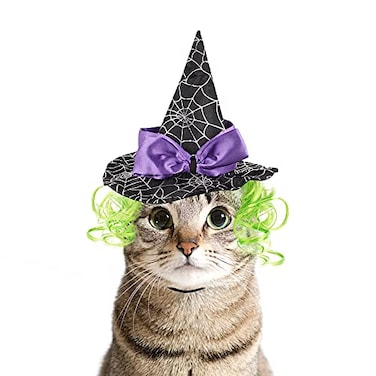 LESYPET Cat Halloween Costume Hat Dog Hat Wizard Hat with Green Wig for Dog Cat Cosplay for Halloween Christmas Party