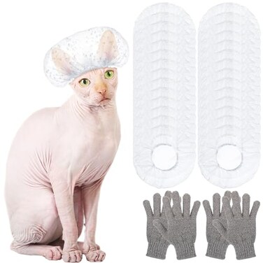 Coume 100 Pcs Adjustable Shower Caps and 2 Pairs Cats Carbonized Bamboo Bath Exfoliating Gloves Set for Sphynx Shower Body Scrub Puppy Kitten Small Pets