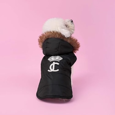 Juicy Couture Faux Fur Hooded Pet Jacket for Dogs and Cats Black MediumLarge