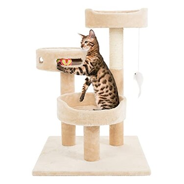PETMAKER Cat Tree 3Tier Tall Cat Tower Condo with 2 Napping Perches Sisal Rope Scratching Post Hanging Mouse and Interactive Wheel Toy by Beige 275
