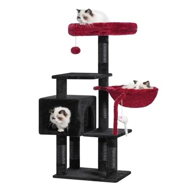 Heybly Cat Tree with Toy Cat Tower condo for Indoor Cats Cat House with Padded Plush Perch Cozy Hammock and Sisal Scratching Posts Black and Red HCT004SBR