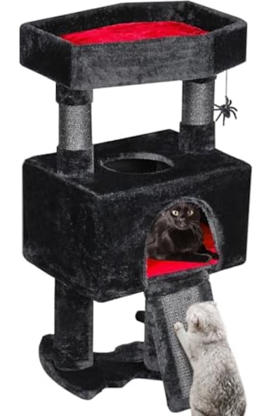 BEWISHOME Cat Tree Tower for Indoor Gothic Cat Trees with Coffin Bed Cat Condo Cat House with Scratching Posts Cat Shelves with Spider Toy Pet Play Activity Center Black with Red MMJ95R