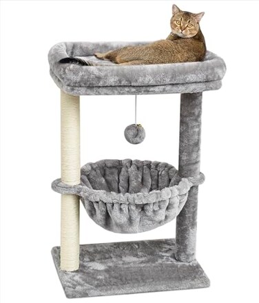 SYANDLVY Small Cat Tree for Indoor Cats Activity Cat Tower with Scratching Post for Kittens Cat Bed Furniture with Basket Hanging Ball for Play Rest