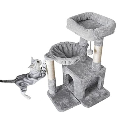 Pesofer Cat Tree Small Cat Tower with Sisal Scratching Post and Hammock Light Gray