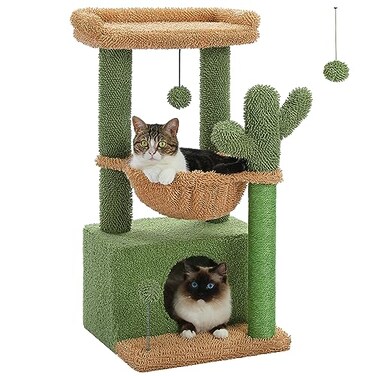 PEQULTI 4in1 Cactus Cat Tree 33 Cat Tower for Indoor Cats with Large Condo Cat Scratching Post for Cats with Deep Hammock Cozy Top PerchGreen