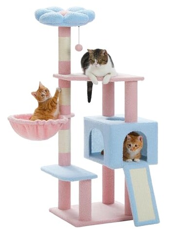 MUTTROS Flower Cat Tree 472 MultiLevel Cat Tower with Sisal Covered Scratching Posts Cute Cat Condo for Indoor Small Medium Cats Pink Top Perch Ramp Fluffy Ball Blue