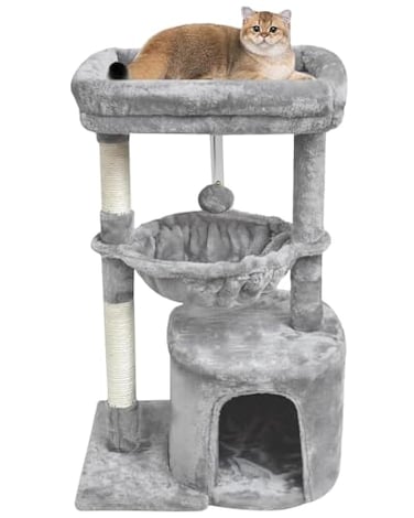 SYANDLVY Small Cat Tree for Indoor Cats Activity Cat Tower with Scratching Post for Kittens Modern Cat Furniture with Basket Hanging Ball for Play Rest Grey