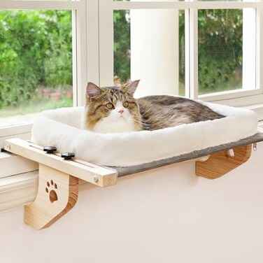AMOSIJOY Cat Sill Window Perch Sturdy Hammock Window Seat with Cushion Bed Cover Wood Metal Frame for Large Cats Easy to Adjust Cat Bed for Windowsill Bedside Drawer and CabinetCushion Bed