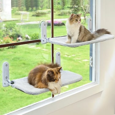 Zoratoo 2PC Cat Window Perch Cordless Foldable Cat Hammock Bed for Window with Metal Frame and Reversible Cover Large Suction Cups Window Resting Seat for Indoor Cats Cat Bed M2PC