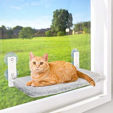 AMOSIJOY Cordless Cat Window Perch Cat Hammock for Wall with 4 Suction Cups Solid Metal Frame and Reversible Cover Foldable Cat Beds for Indoor Cats