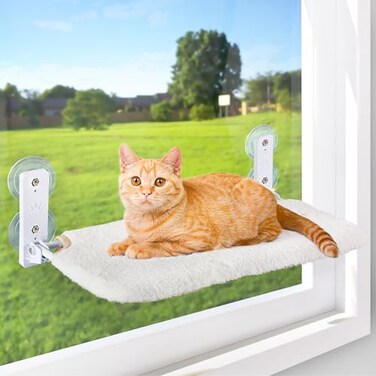 AMOSIJOY Cordless Cat Window Perch Cat Hammock for Wall with 4 Strong Suction Cups Solid Metal Frame and Reversible Cover Foldable Cat Beds for Indoor Cats MediumWhite