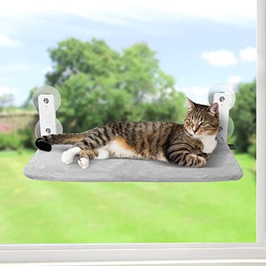 Sunhoo Cat Window Hammock Perch Cordless Perches Window Sill Seat Bed Foldable Stable Lounger Upgraded Suction Cup Easy Assembly Indoor Cats Kitty Shelf Hold Up to 55lbs Grey M