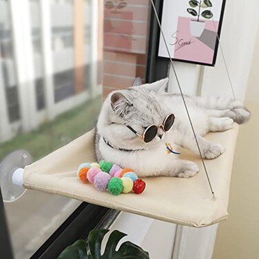 JinRui-T Cat Window Hammock Perch Cat Safety Sunny Bed with Durable Heavy Duty Suction Cups Resting Sunny Window Seat for Indoor Cats Sleeping Space Saving Mounted Bed Khaki