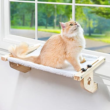 AMOSIJOY Cat Sill Window Perch Sturdy Cat Hammock Window Seat with Wood Metal Frame for Large Cats Easy to Adjust Cat Bed for Windowsill Bedside Drawer and Cabinet