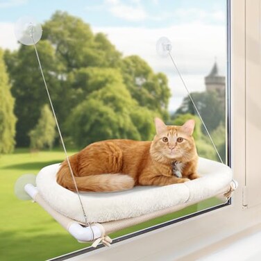PEFUNY Fluffy Cat Window Bed for Indoor Cats Strong Suction Cup Hammock with Breathable Mesh and Soft Cushion Supports Large Cats